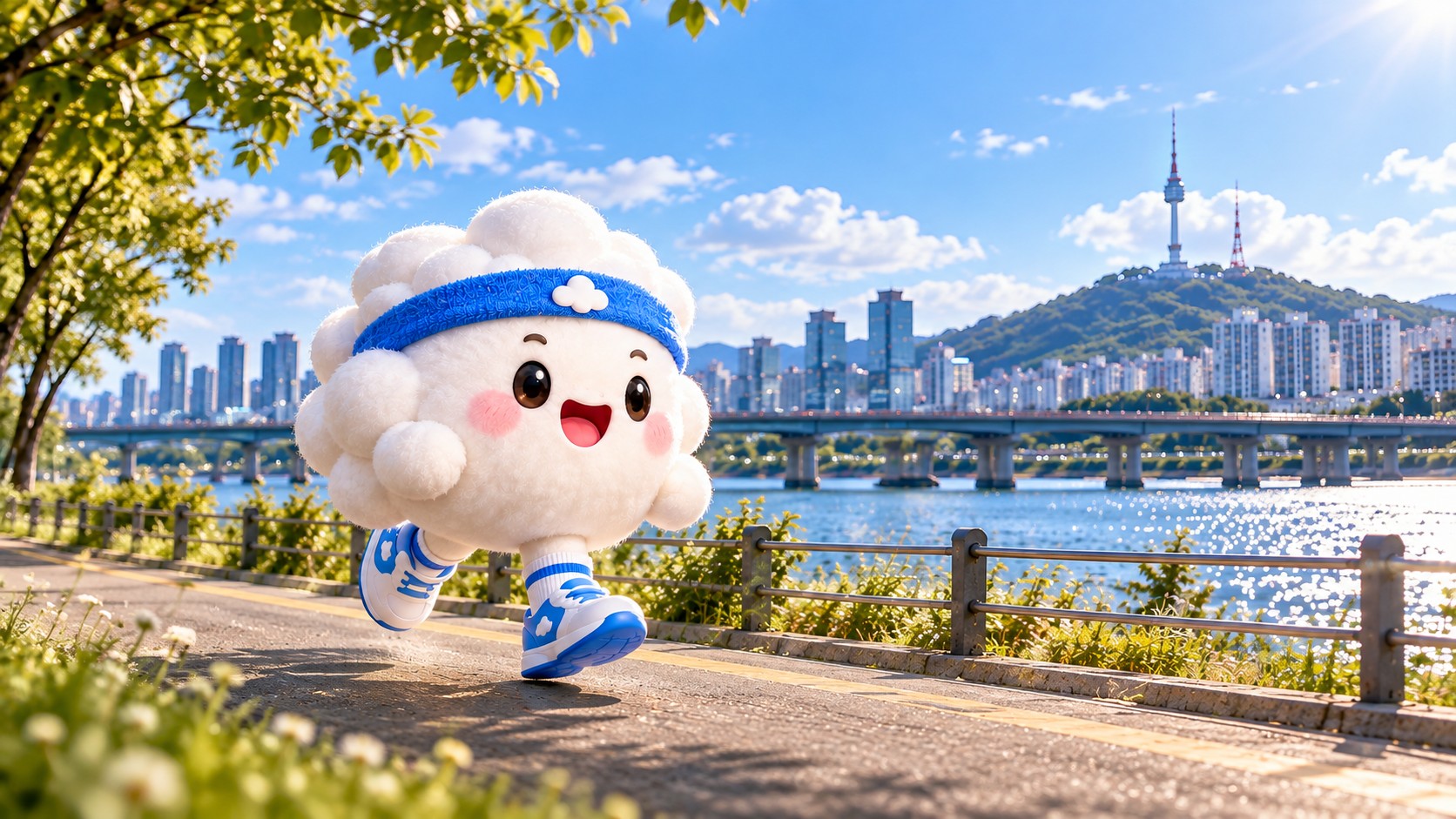 한강변 산책로에서 가볍게 달리는 뽀송런 캐릭터